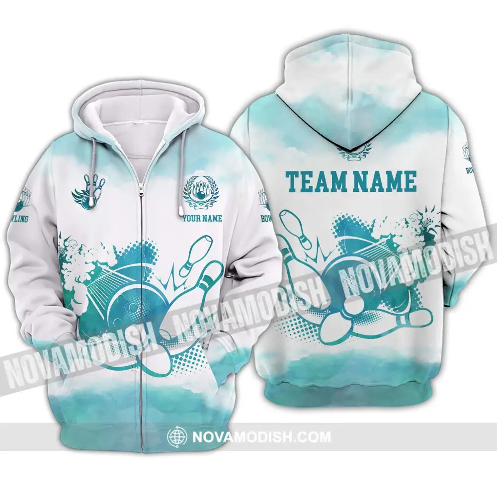 Unisex Shirt - Custom Name And Team Name Shirt Mint Color Bowling Ball And Pins Zipper Hoodie / S T-shirt