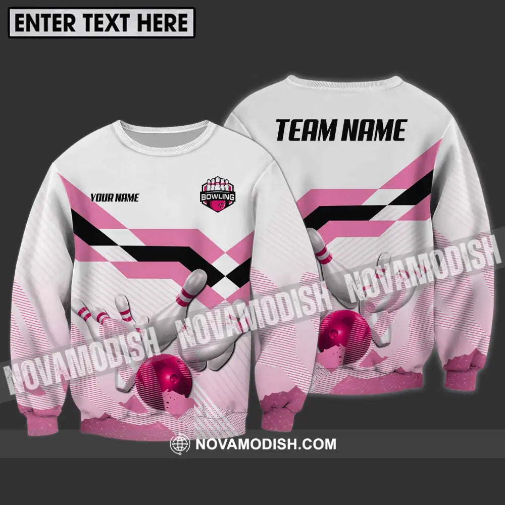 Unisex Shirt - Custom Name And Team Name Shirt Pink Bowling Ball And Pins Long Sleeve / S T-shirt