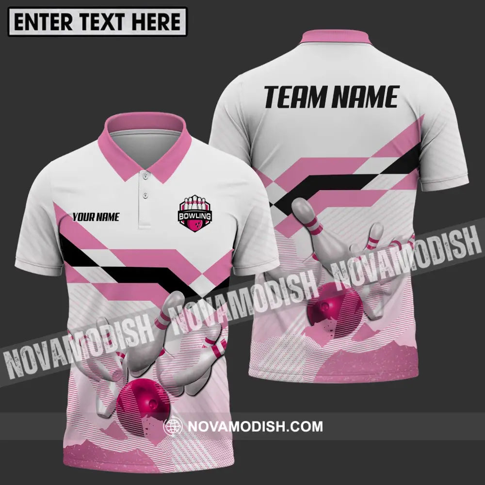 Unisex Shirt - Custom Name And Team Name Shirt Pink Bowling Ball And Pins Polo Shirt / S T-shirt