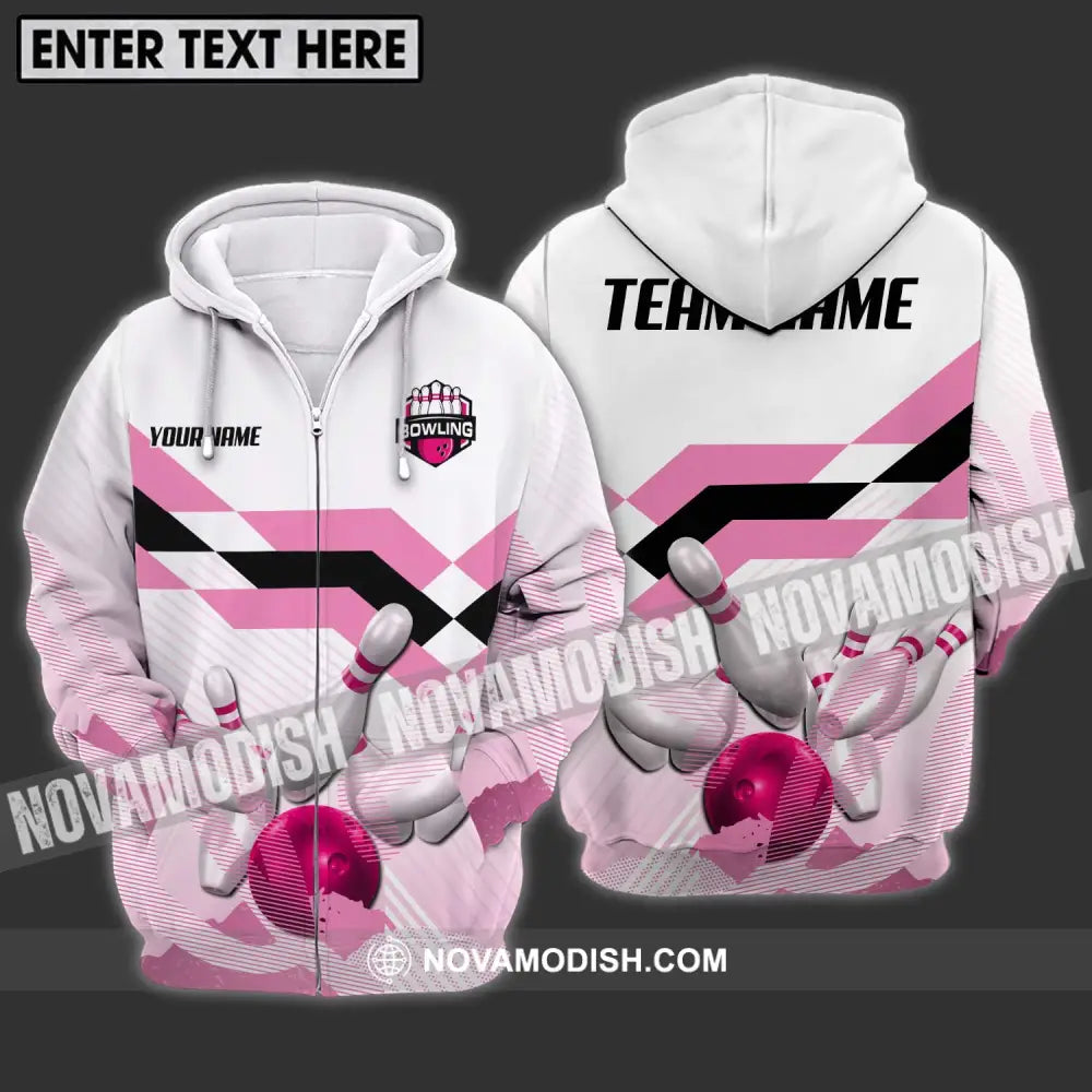 Unisex Shirt - Custom Name And Team Name Shirt Pink Bowling Ball And Pins Zipper Hoodie / S T-shirt