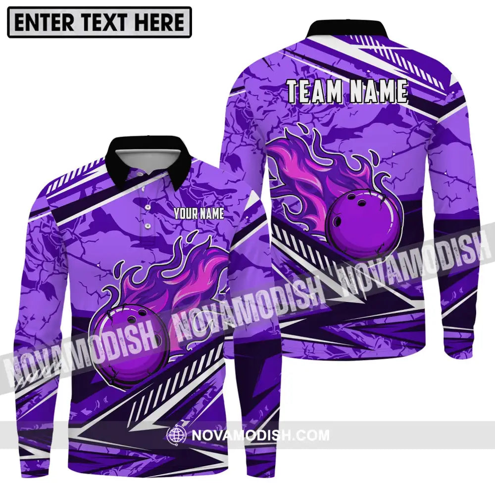 Unisex Shirt - Custom Name And Team Name Shirt Purple Fire Bowling Ball Player Shirt Long Sleeve Polo / S T-shirt