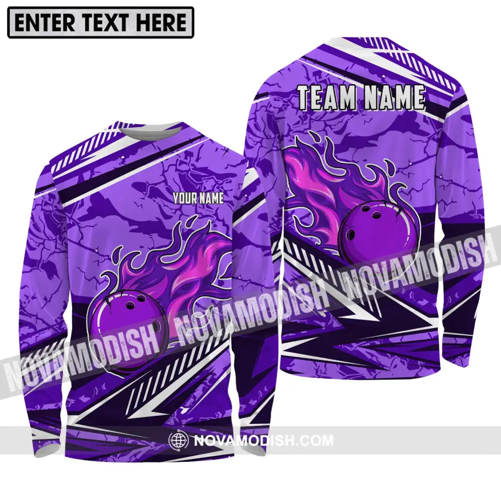 Unisex Shirt - Custom Name And Team Name Shirt Purple Fire Bowling Ball Player Shirt Long Sleeve Shirt / S T-shirt