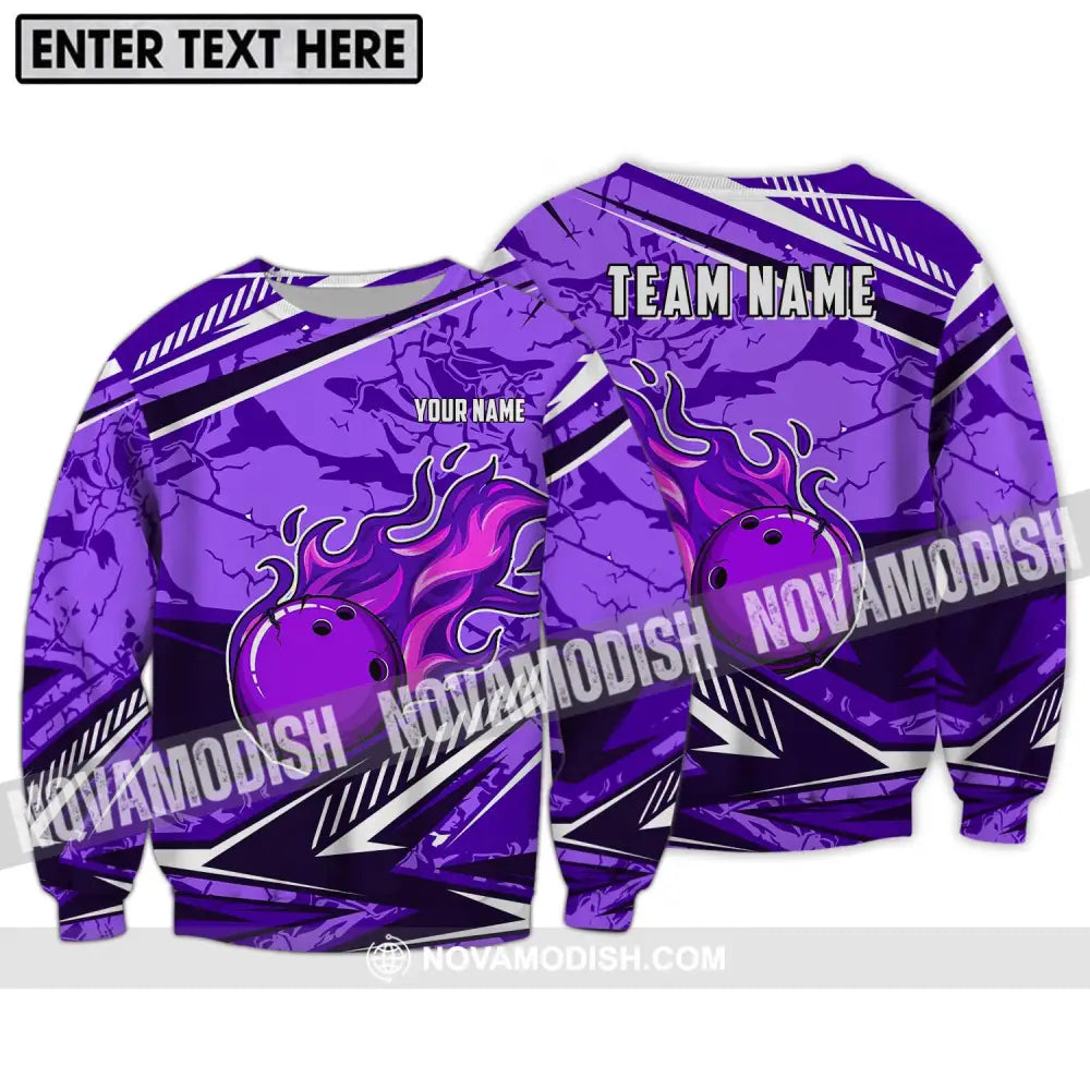 Unisex Shirt - Custom Name And Team Name Shirt Purple Fire Bowling Ball Player Shirt Long Sleeve / S T-shirt