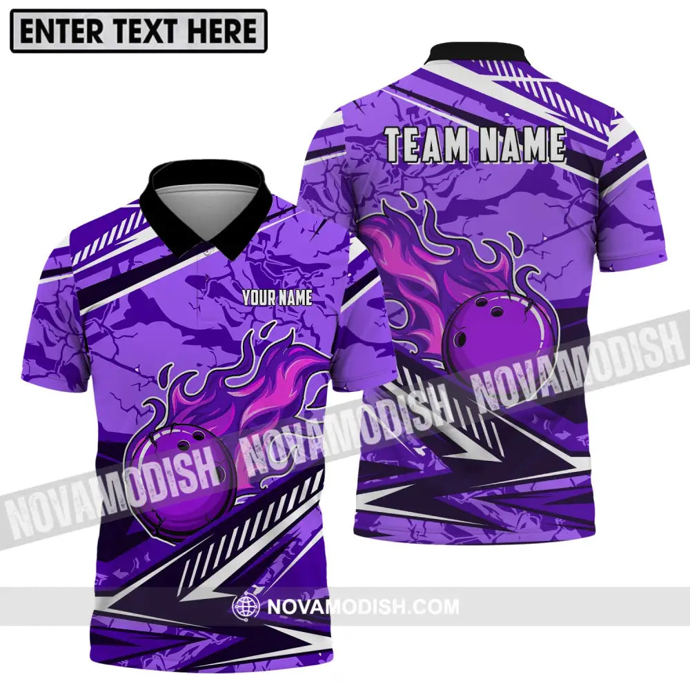 Unisex Shirt - Custom Name And Team Name Shirt Purple Fire Bowling Ball Player Shirt Polo Shirt / S T-shirt