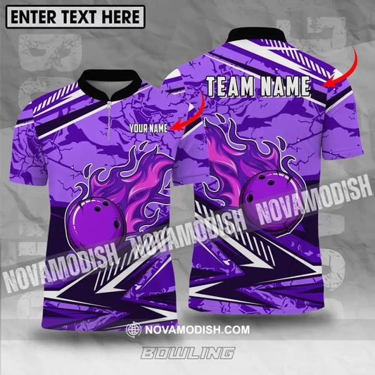 Unisex Shirt - Custom Name And Team Name Shirt Purple Fire Bowling Ball Player Shirt T-shirt
