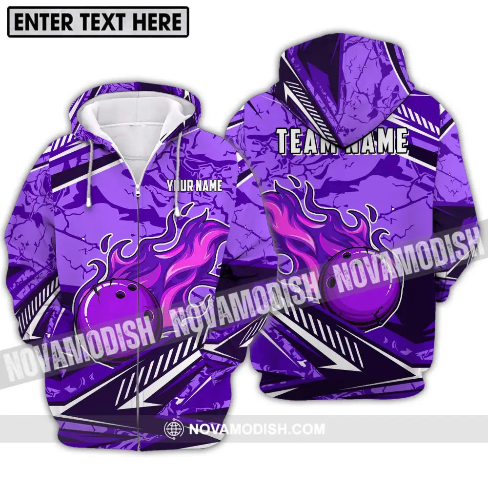 Unisex Shirt - Custom Name And Team Name Shirt Purple Fire Bowling Ball Player Shirt Zipper Hoodie / S T-shirt