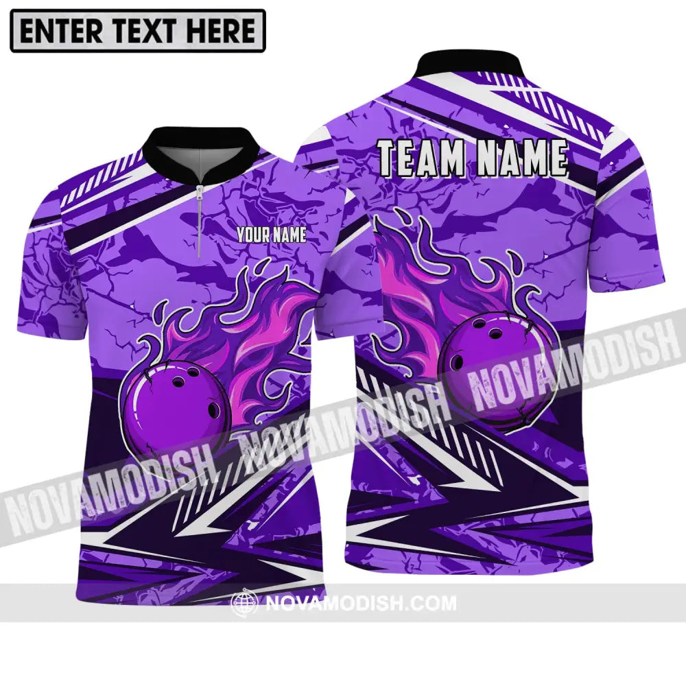 Unisex Shirt - Custom Name And Team Name Shirt Purple Fire Bowling Ball Player Shirt Zipper Polo Shirt / S T-shirt