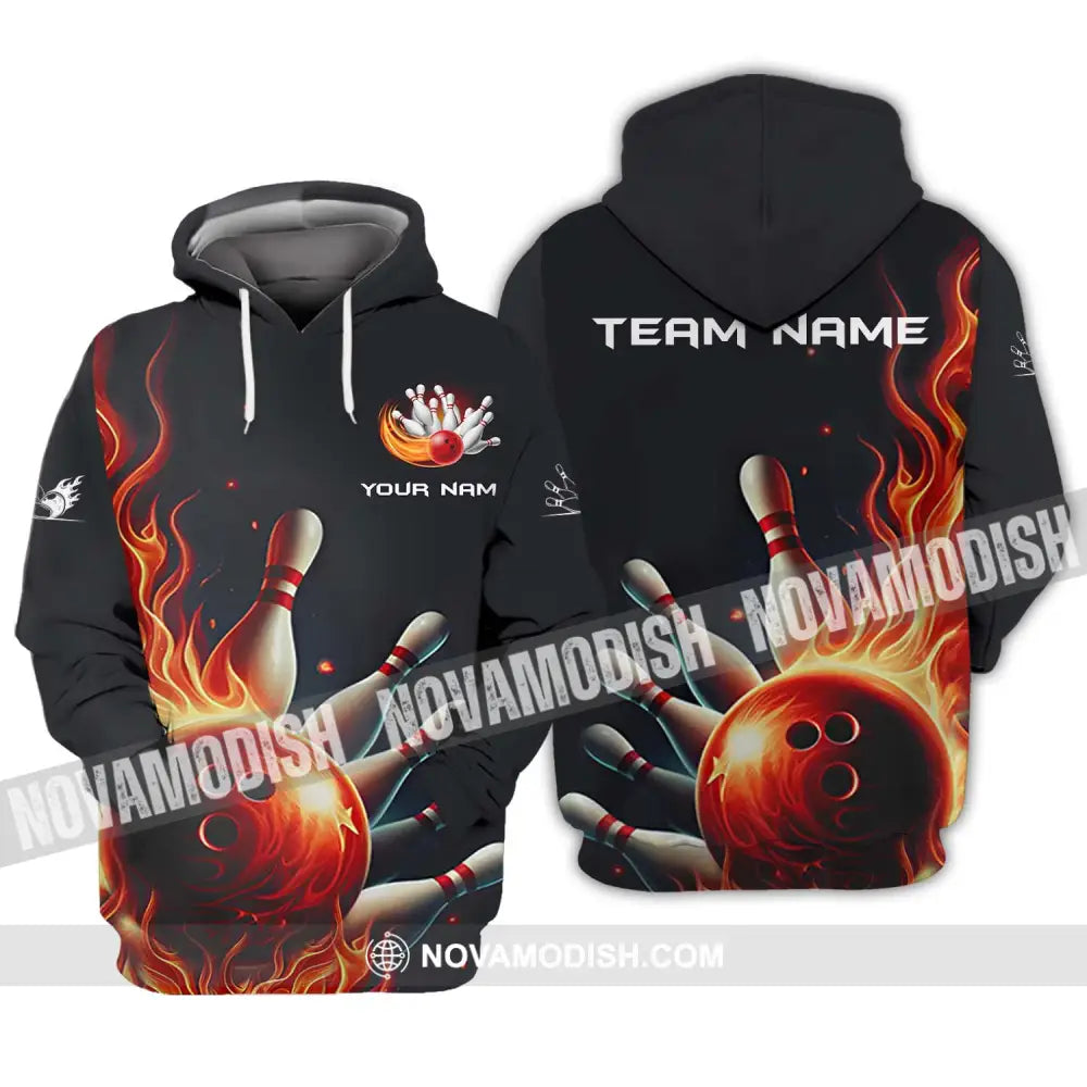 Unisex Shirt - Custom Name And Team Name Shirt Red Fire Bowling Ball And Pins Hoodie / S T-shirt