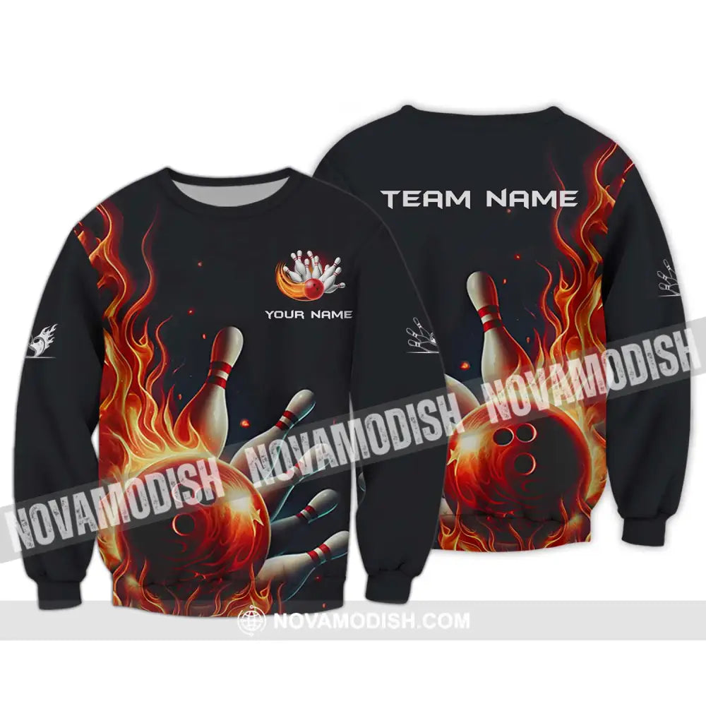 Unisex Shirt - Custom Name And Team Name Shirt Red Fire Bowling Ball And Pins Long Sleeve / S T-shirt