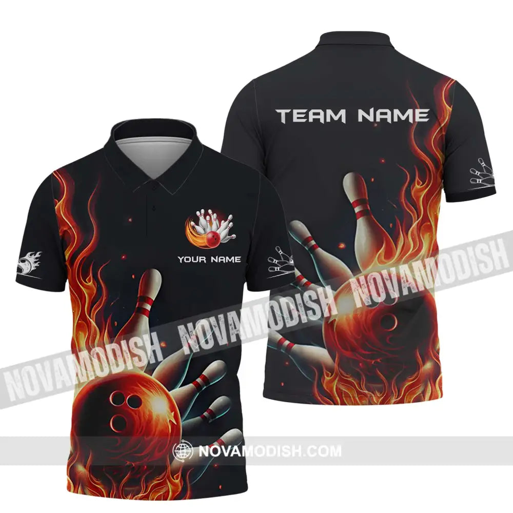 Unisex Shirt - Custom Name And Team Name Shirt Red Fire Bowling Ball And Pins Polo Shirt / S T-shirt