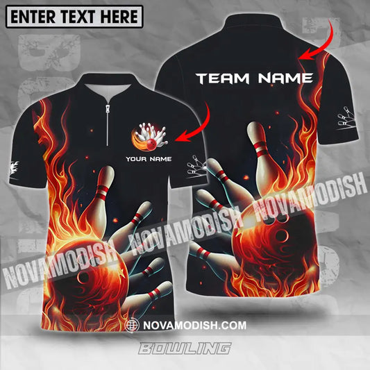 Unisex Shirt - Custom Name And Team Name Shirt Red Fire Bowling Ball And Pins T-shirt