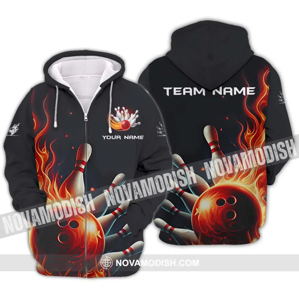 Unisex Shirt - Custom Name And Team Name Shirt Red Fire Bowling Ball And Pins Zipper Hoodie / S T-shirt