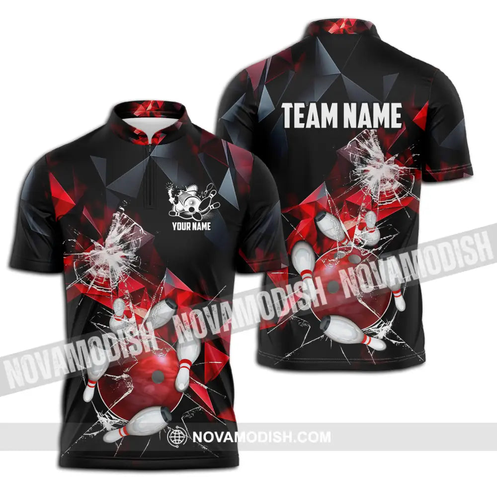 Unisex Shirt - Custom Name And Team Name Shirt Red Glasses Bowling Zipper Polo Shirt / S T-shirt
