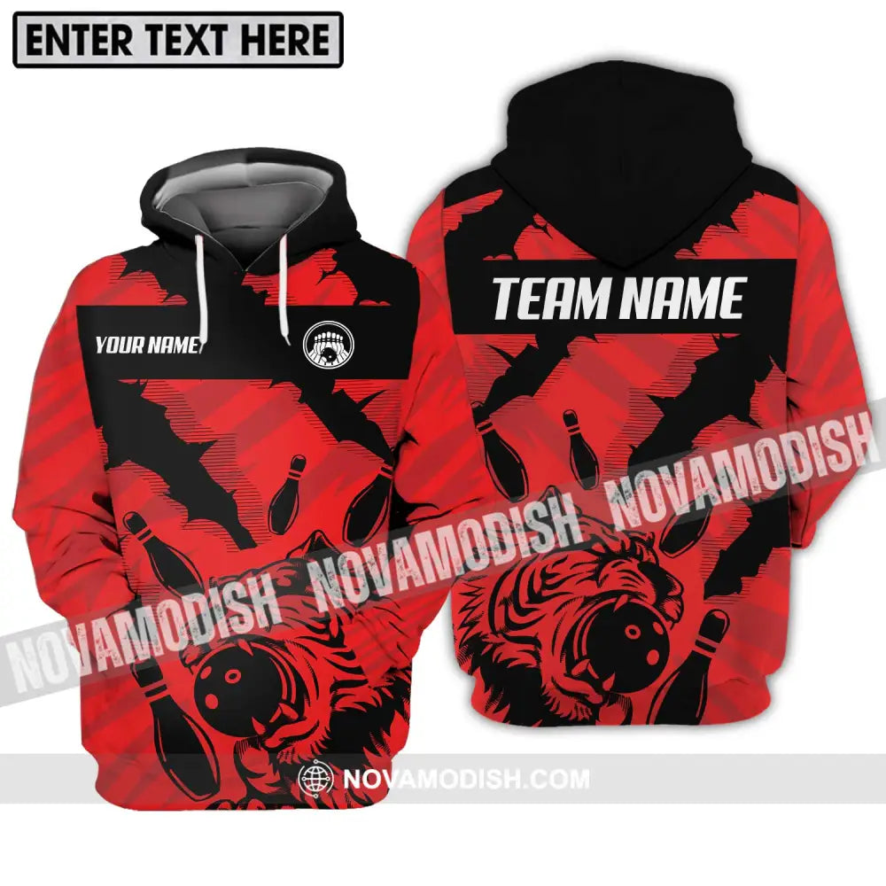Unisex Shirt - Custom Name And Team Name Shirt Red Tiger Bowling Ball And Pins Hoodie / S T-shirt