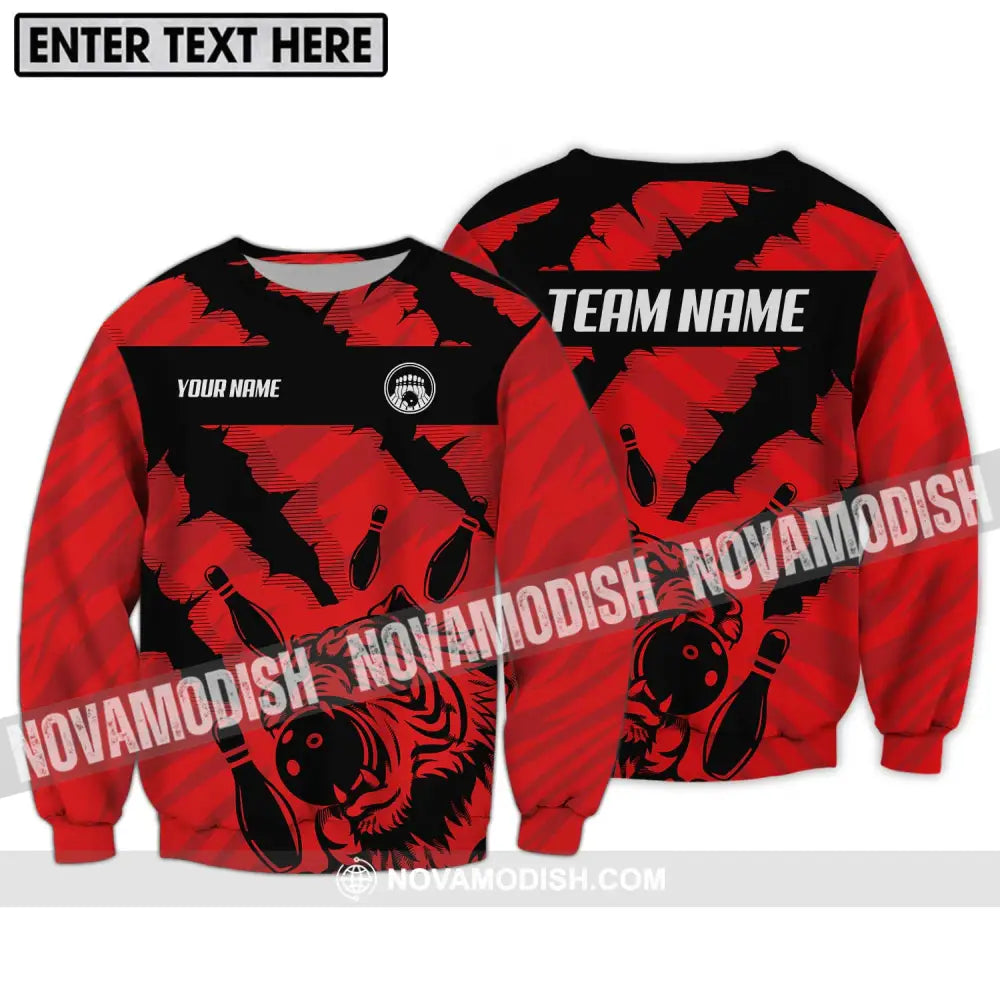 Unisex Shirt - Custom Name And Team Name Shirt Red Tiger Bowling Ball And Pins Long Sleeve / S T-shirt