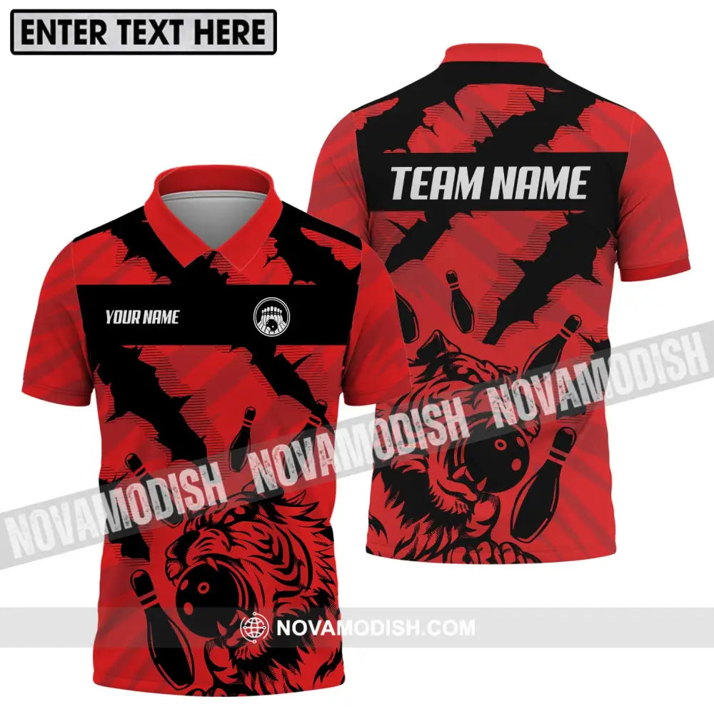 Unisex Shirt - Custom Name And Team Name Shirt Red Tiger Bowling Ball And Pins Polo Shirt / S T-shirt