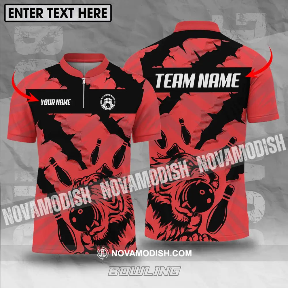 Unisex Shirt - Custom Name And Team Name Shirt Red Tiger Bowling Ball And Pins T-shirt