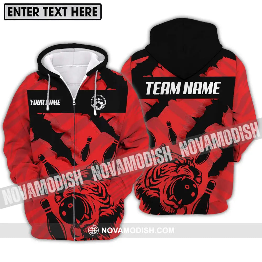 Unisex Shirt - Custom Name And Team Name Shirt Red Tiger Bowling Ball And Pins Zipper Hoodie / S T-shirt