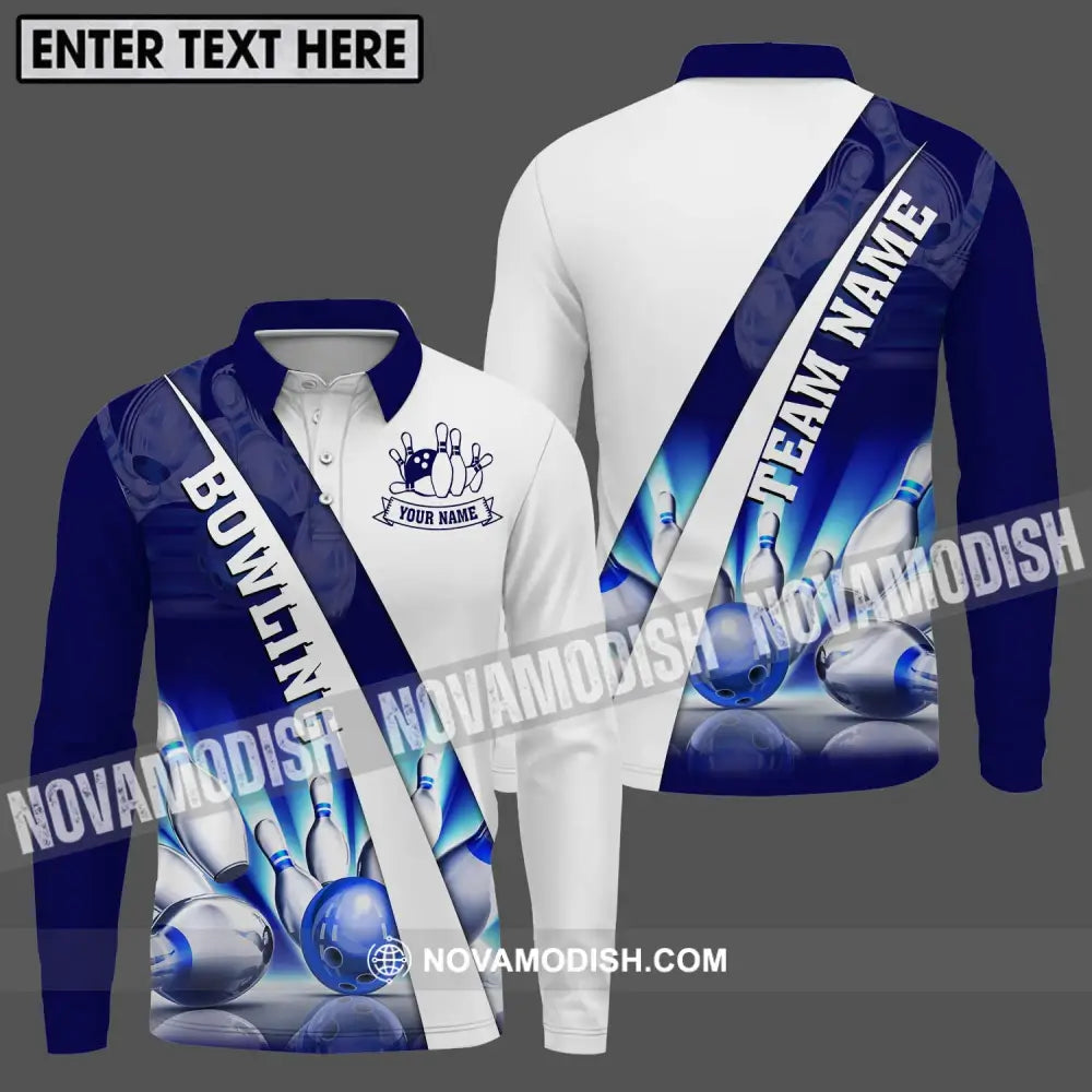 Unisex Shirt - Custom Name And Team Name Shiny Bowling Ball And Pins Shirt Long Sleeve Polo / S T-shirt