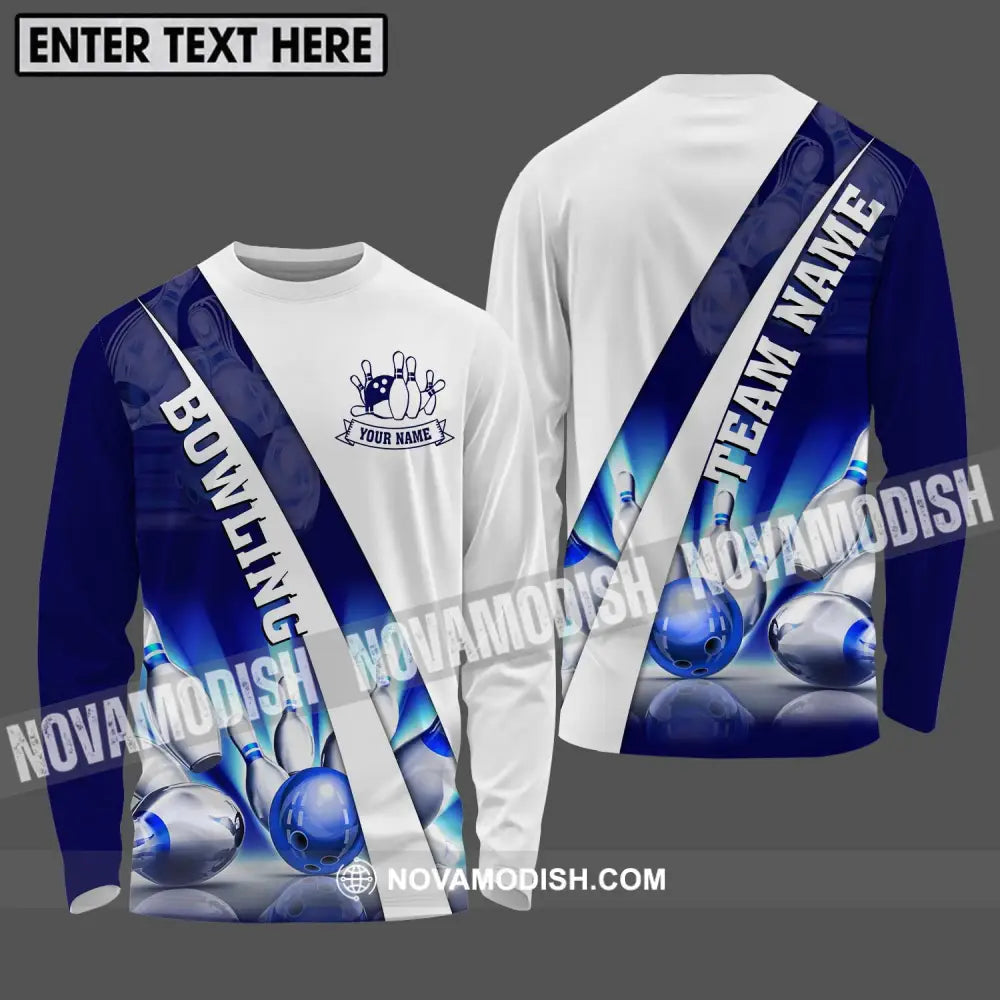 Unisex Shirt - Custom Name And Team Name Shiny Bowling Ball And Pins Shirt Long Sleeve Shirt / S T-shirt