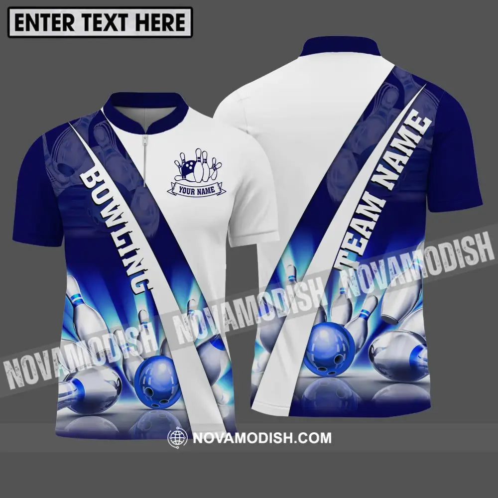 Unisex Shirt - Custom Name And Team Name Shiny Bowling Ball And Pins Shirt Zipper Polo Shirt / S T-shirt