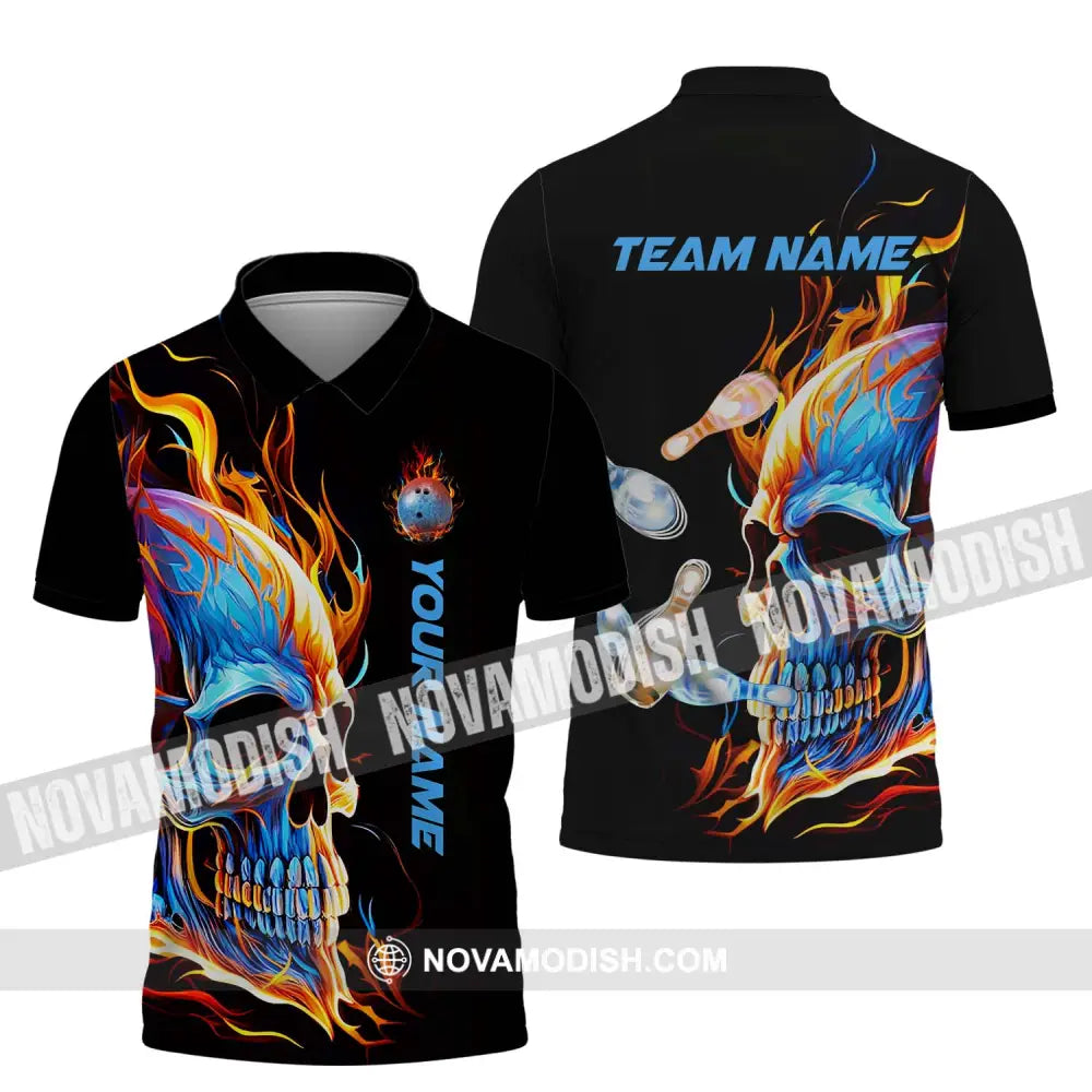 Unisex Shirt - Custom Name And Team Name Shirt Skull Ice Fire Bowling Polo Shirt / S T-shirt