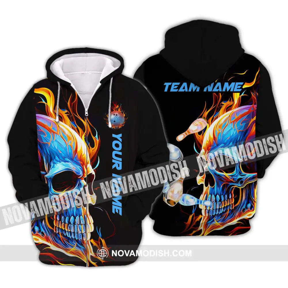 Unisex Shirt - Custom Name And Team Name Shirt Skull Ice Fire Bowling Zipper Hoodie / S T-shirt