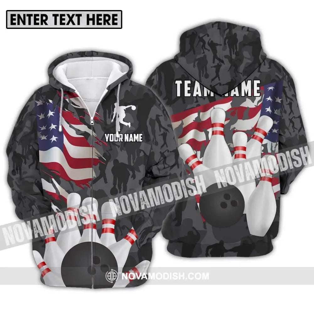 Unisex Shirt - Custom Name And Team Name Sport Shirt America Bowling Player Zipper Hoodie / S T-shirt