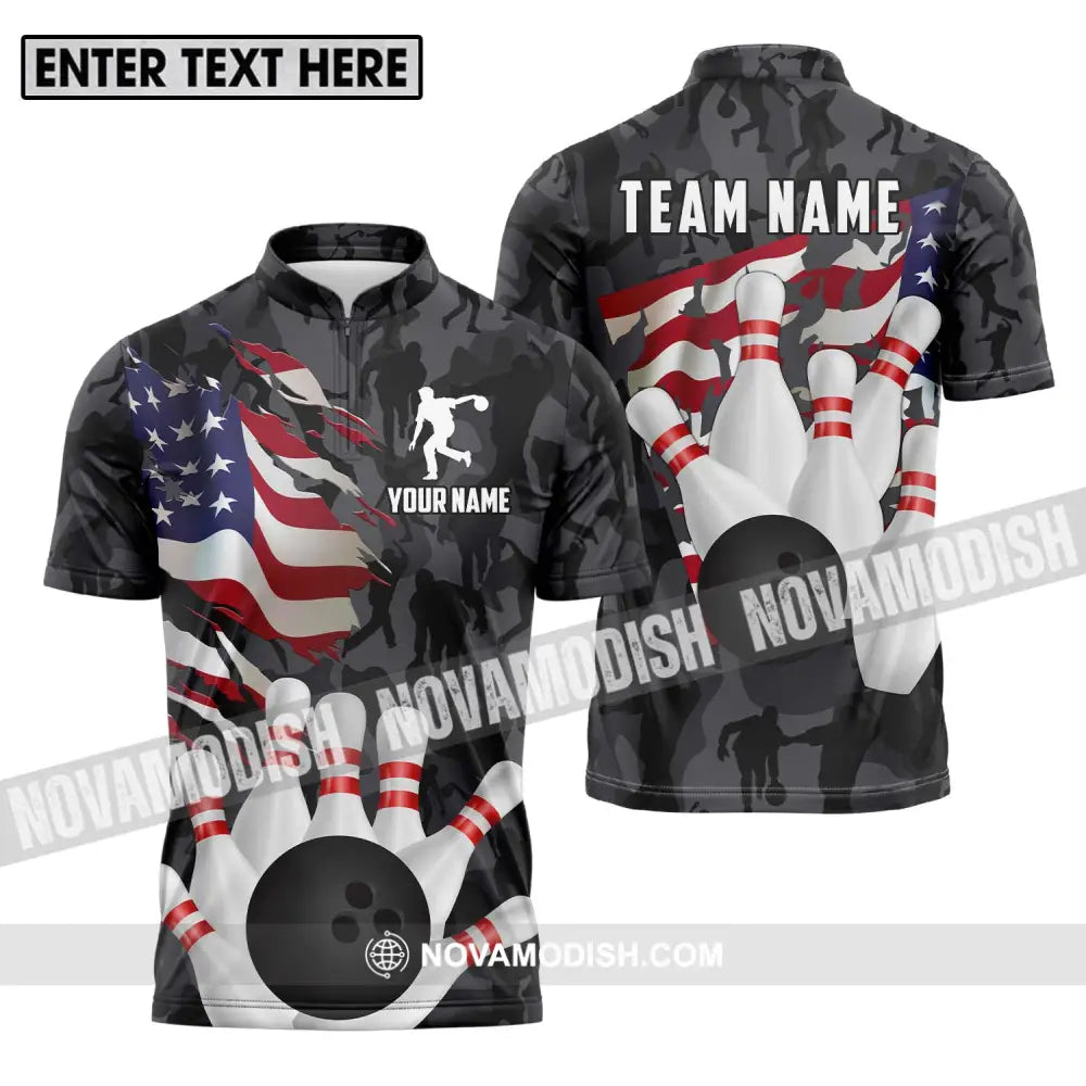 Unisex Shirt - Custom Name And Team Name Sport Shirt America Bowling Player Zipper Polo Shirt / S T-shirt