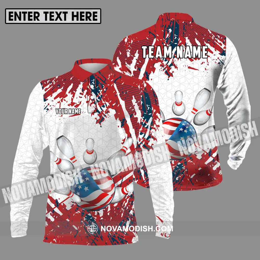 Unisex Shirt - Custom Name And Team Name Sport Shirt America Flag Color Bowling Ball Long Sleeve Polo / S T-shirt