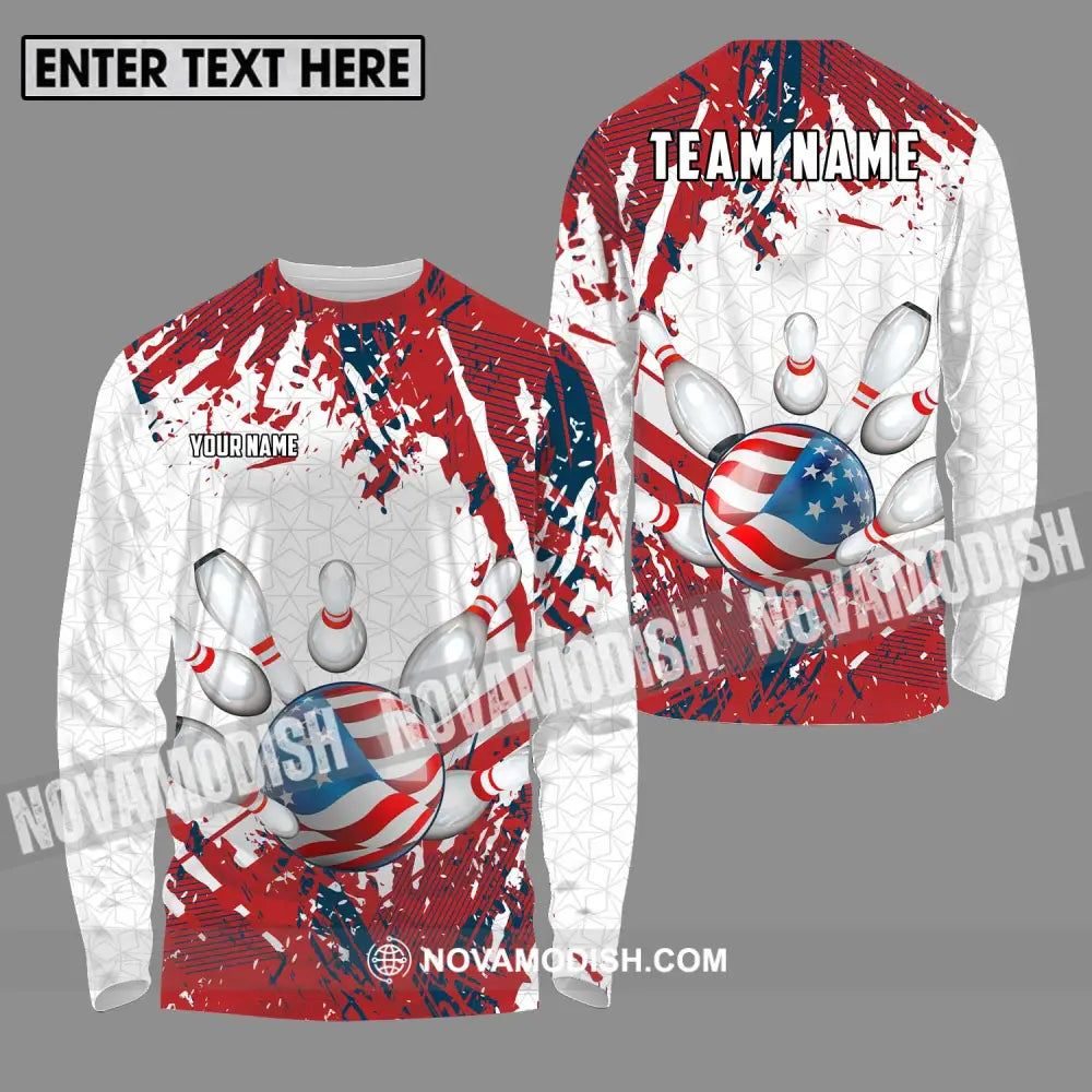 Unisex Shirt - Custom Name And Team Name Sport Shirt America Flag Color Bowling Ball Long Sleeve Shirt / S T-shirt