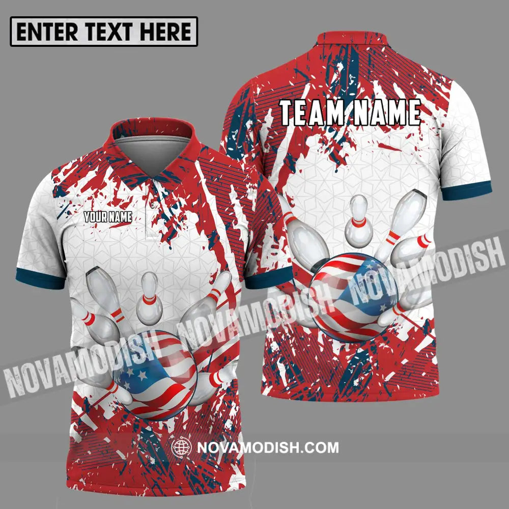 Unisex Shirt - Custom Name And Team Name Sport Shirt America Flag Color Bowling Ball Polo Shirt / S T-shirt