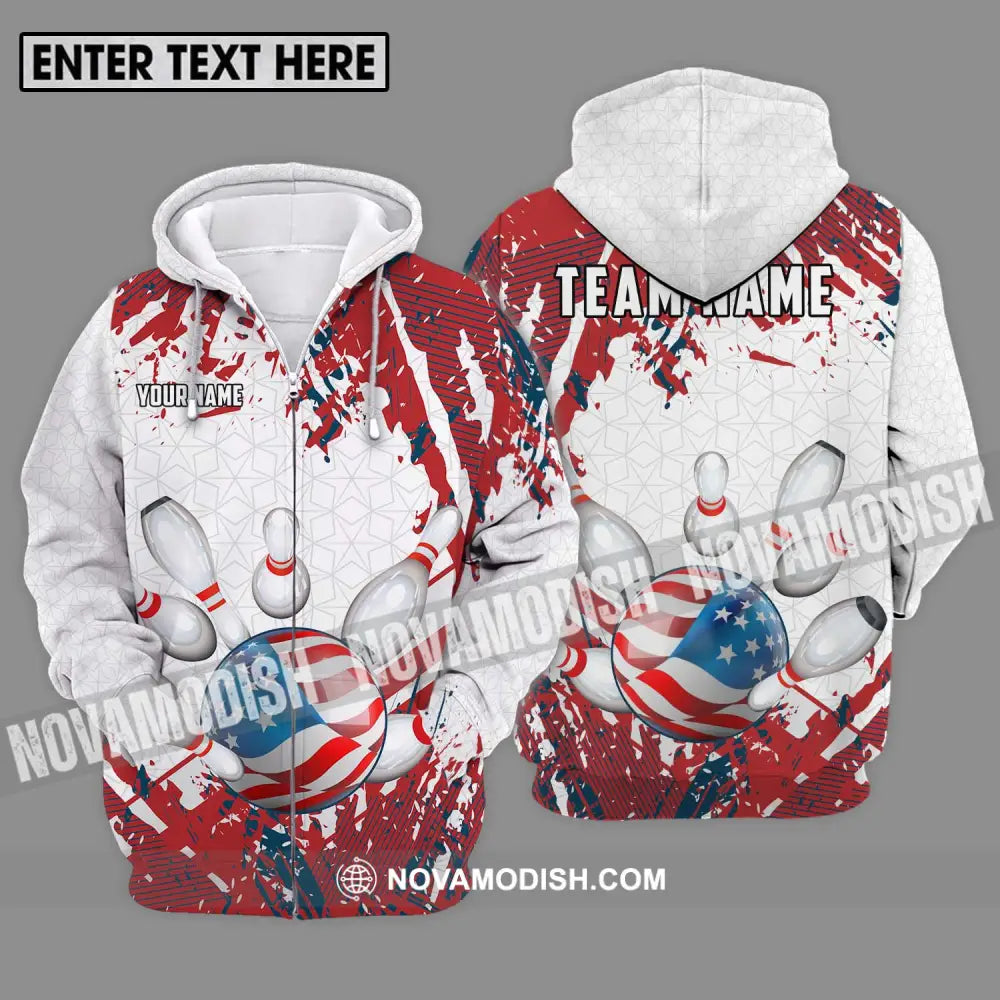 Unisex Shirt - Custom Name And Team Name Sport Shirt America Flag Color Bowling Ball Zipper Hoodie / S T-shirt