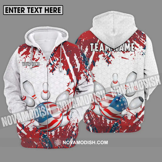 Unisex Shirt - Custom Name And Team Name Sport Shirt America Flag Color Bowling Ball Zipper Hoodie / S T-shirt