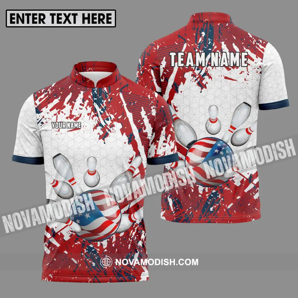 Unisex Shirt - Custom Name And Team Name Sport Shirt America Flag Color Bowling Ball Zipper Polo Shirt / S T-shirt