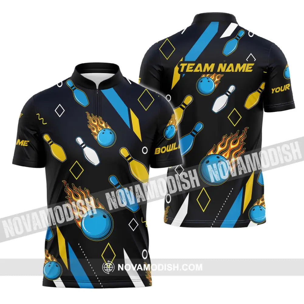 Unisex Shirt - Custom Name And Team Name Sport Shirt Bowling Ball Three Color Zipper Polo Shirt / S T-shirt