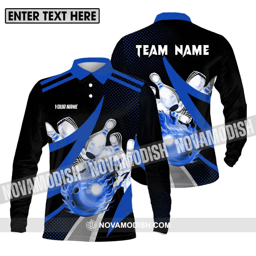 Unisex Shirt - Custom Name And Team Sport Bowling Shirt Blue Bowling Ball Long Sleeve Polo / S T-shirt