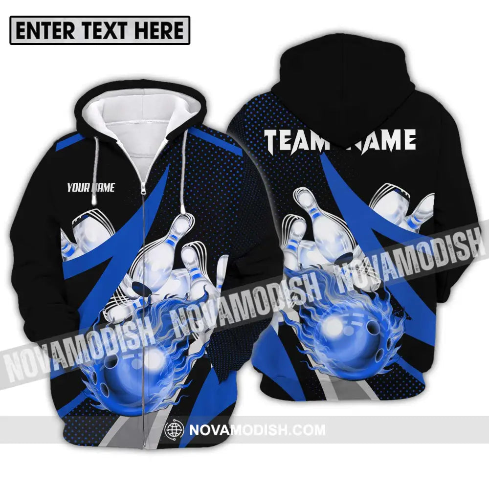 Unisex Shirt - Custom Name And Team Sport Bowling Shirt Blue Bowling Ball Zipper Hoodie / S T-shirt