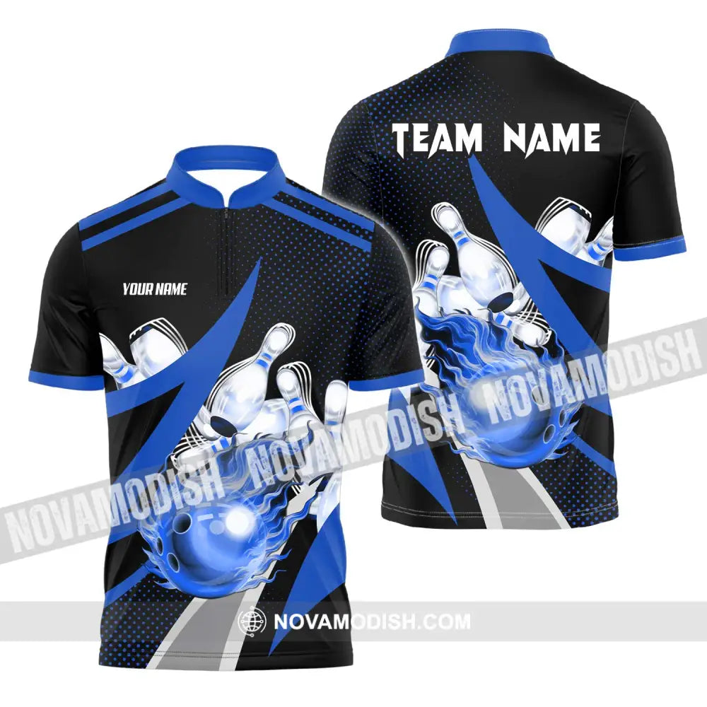 Unisex Shirt - Custom Name And Team Sport Bowling Shirt Blue Bowling Ball Zipper Polo Shirt / S T-shirt