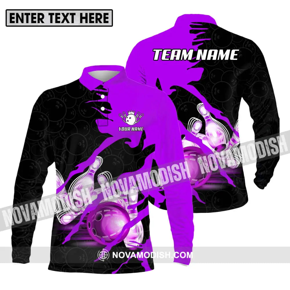 Unisex Shirt - Custom Name And Team Sport Bowling Shirt Purple Bowling Ball Long Sleeve Polo / S T-shirt