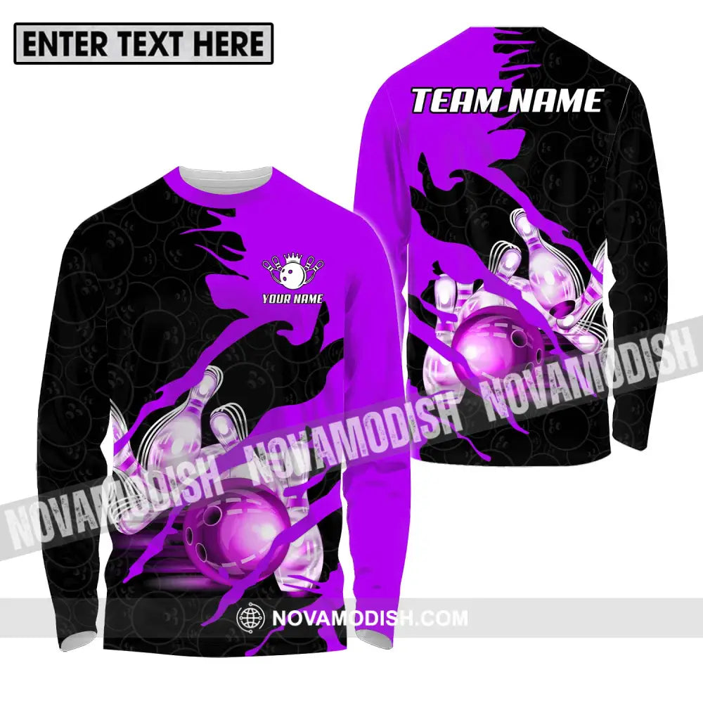 Unisex Shirt - Custom Name And Team Sport Bowling Shirt Purple Bowling Ball Long Sleeve Shirt / S T-shirt