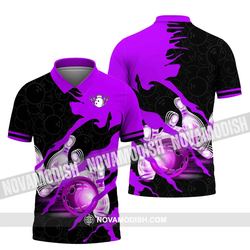 Unisex Shirt - Custom Name And Team Sport Bowling Shirt Purple Bowling Ball Polo Shirt / S T-shirt