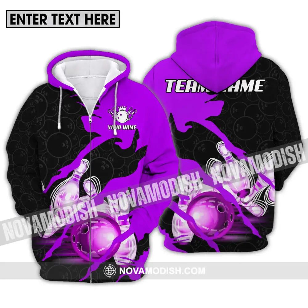 Unisex Shirt - Custom Name And Team Sport Bowling Shirt Purple Bowling Ball Zipper Hoodie / S T-shirt