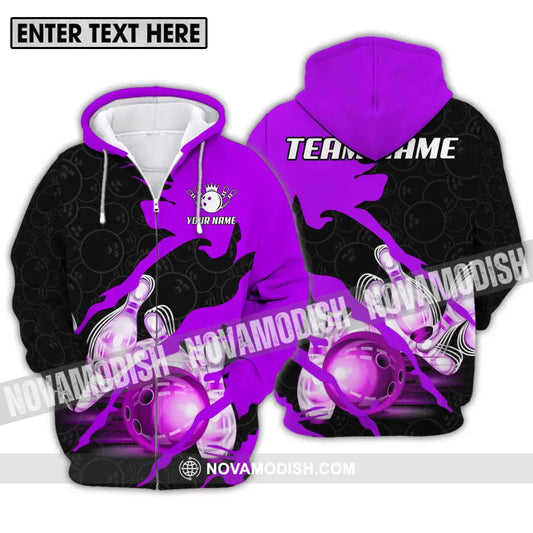 Unisex Shirt - Custom Name And Team Sport Bowling Shirt Purple Bowling Ball Zipper Hoodie / S T-shirt
