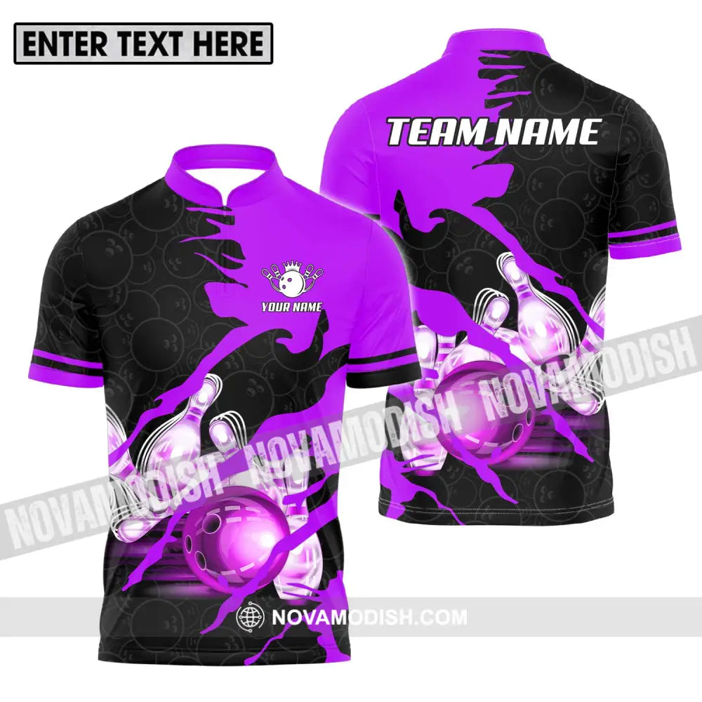 Unisex Shirt - Custom Name And Team Sport Bowling Shirt Purple Bowling Ball Zipper Polo Shirt / S T-shirt