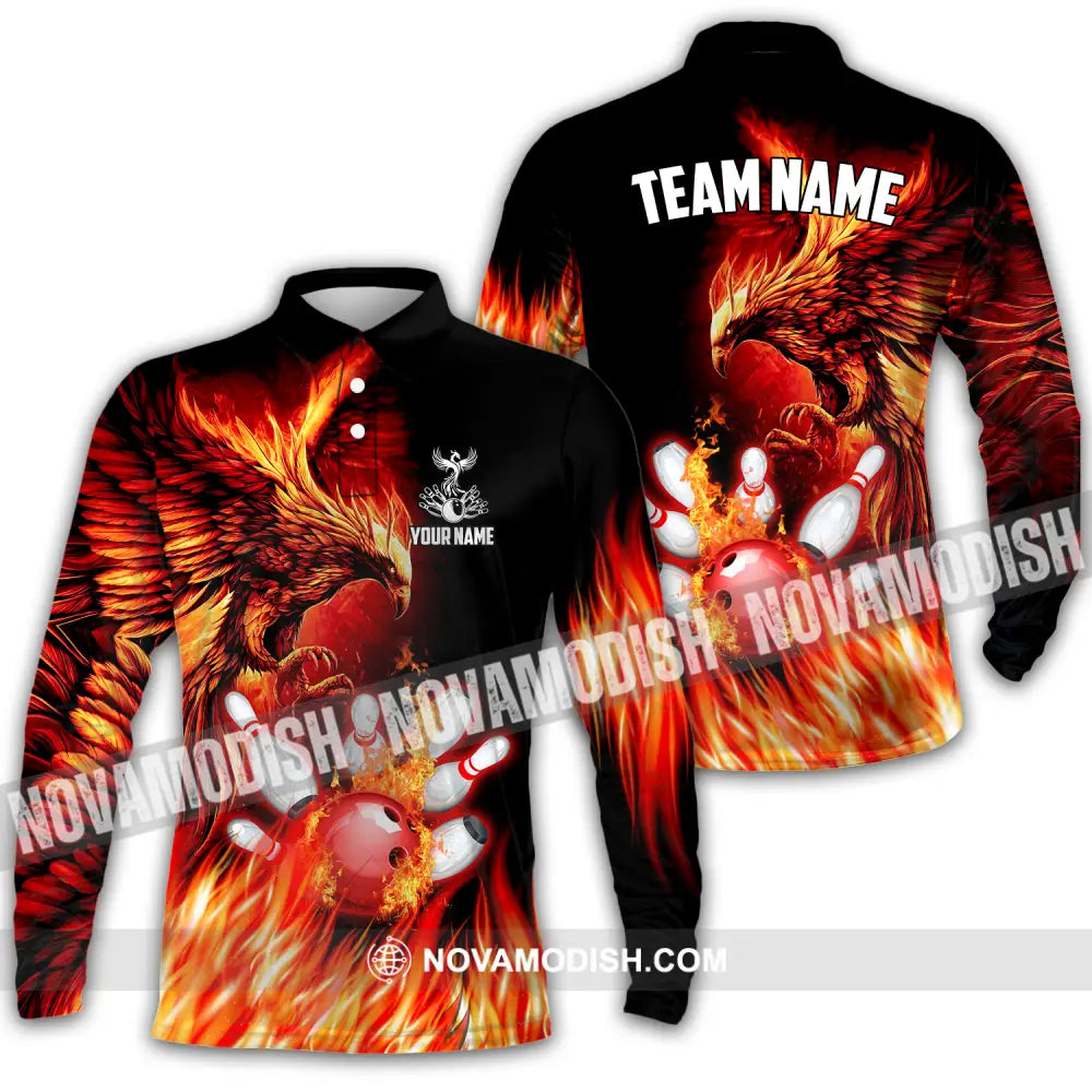 Unisex Shirt - Custom Name And Team Name Sport Shirt Fire Eagle Bowling Long Sleeve Polo / S T-shirt