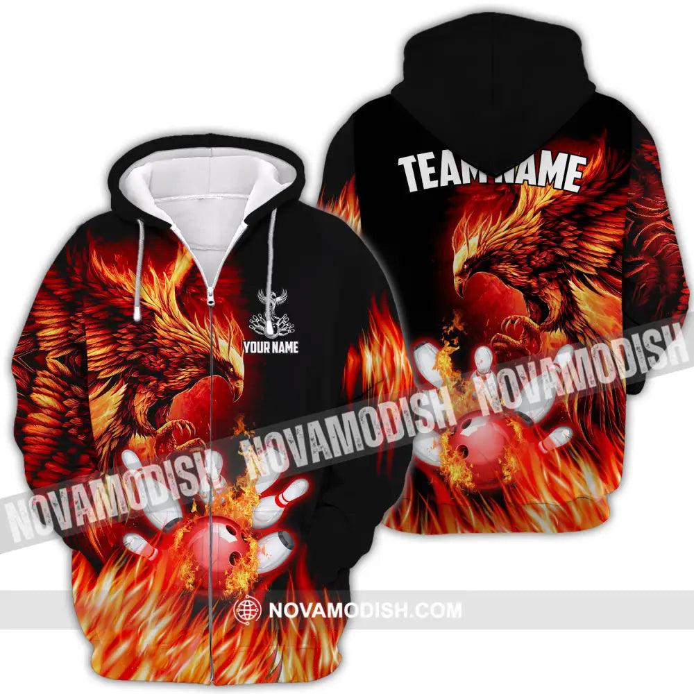 Unisex Shirt - Custom Name And Team Name Sport Shirt Fire Eagle Bowling Zipper Hoodie / S T-shirt