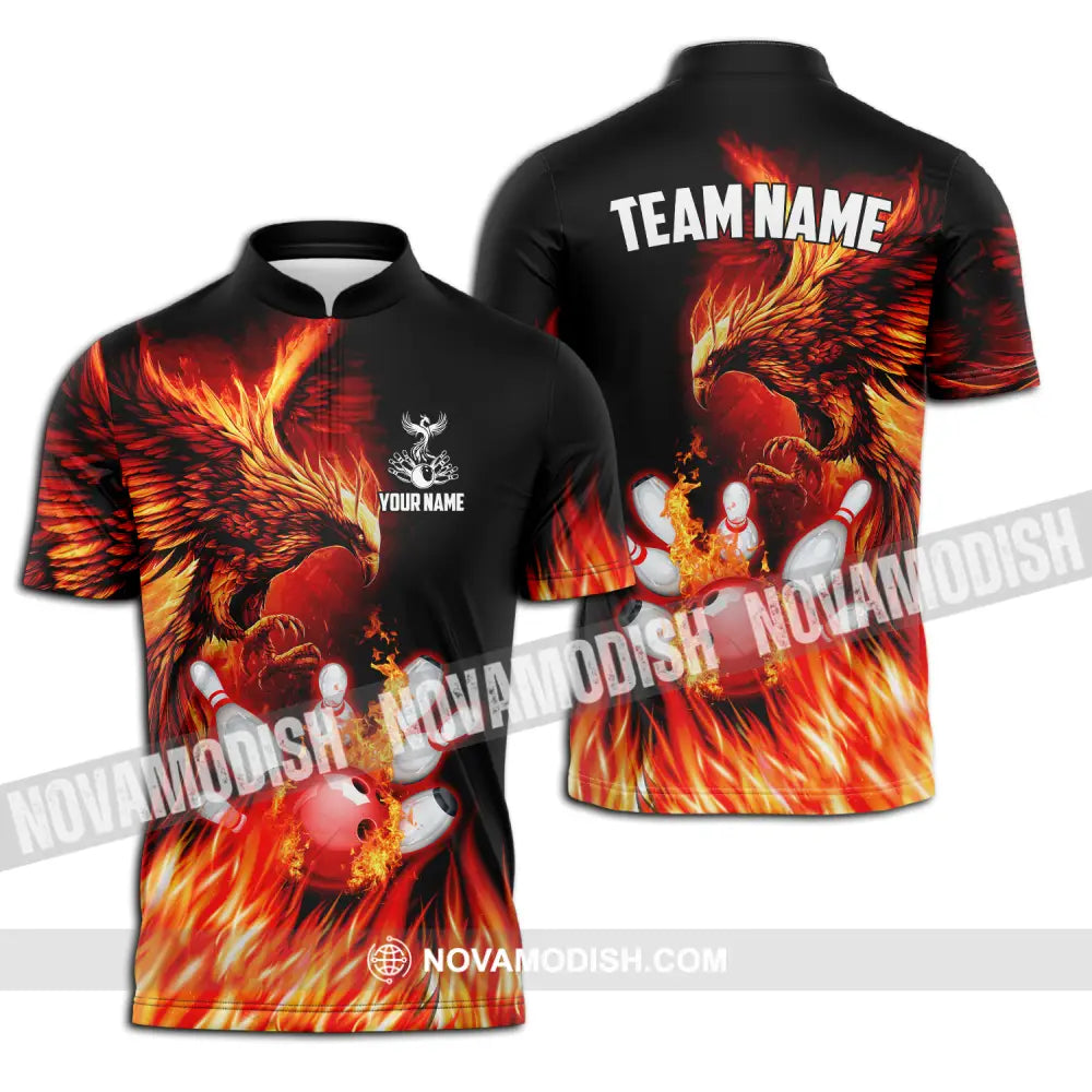 Unisex Shirt - Custom Name And Team Name Sport Shirt Fire Eagle Bowling Zipper Polo Shirt / S T-shirt