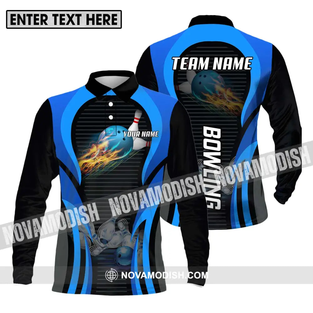 Unisex Shirt - Custom Name And Team Name Sport Shirt Fire Ice Bowling Ball Long Sleeve Polo / S T-shirt