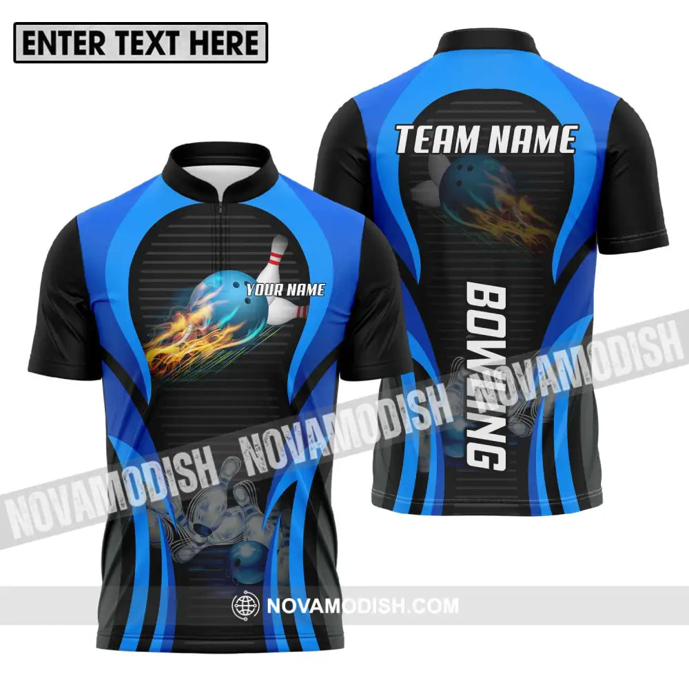 Unisex Shirt - Custom Name And Team Name Sport Shirt Fire Ice Bowling Ball Zipper Polo Shirt / S T-shirt